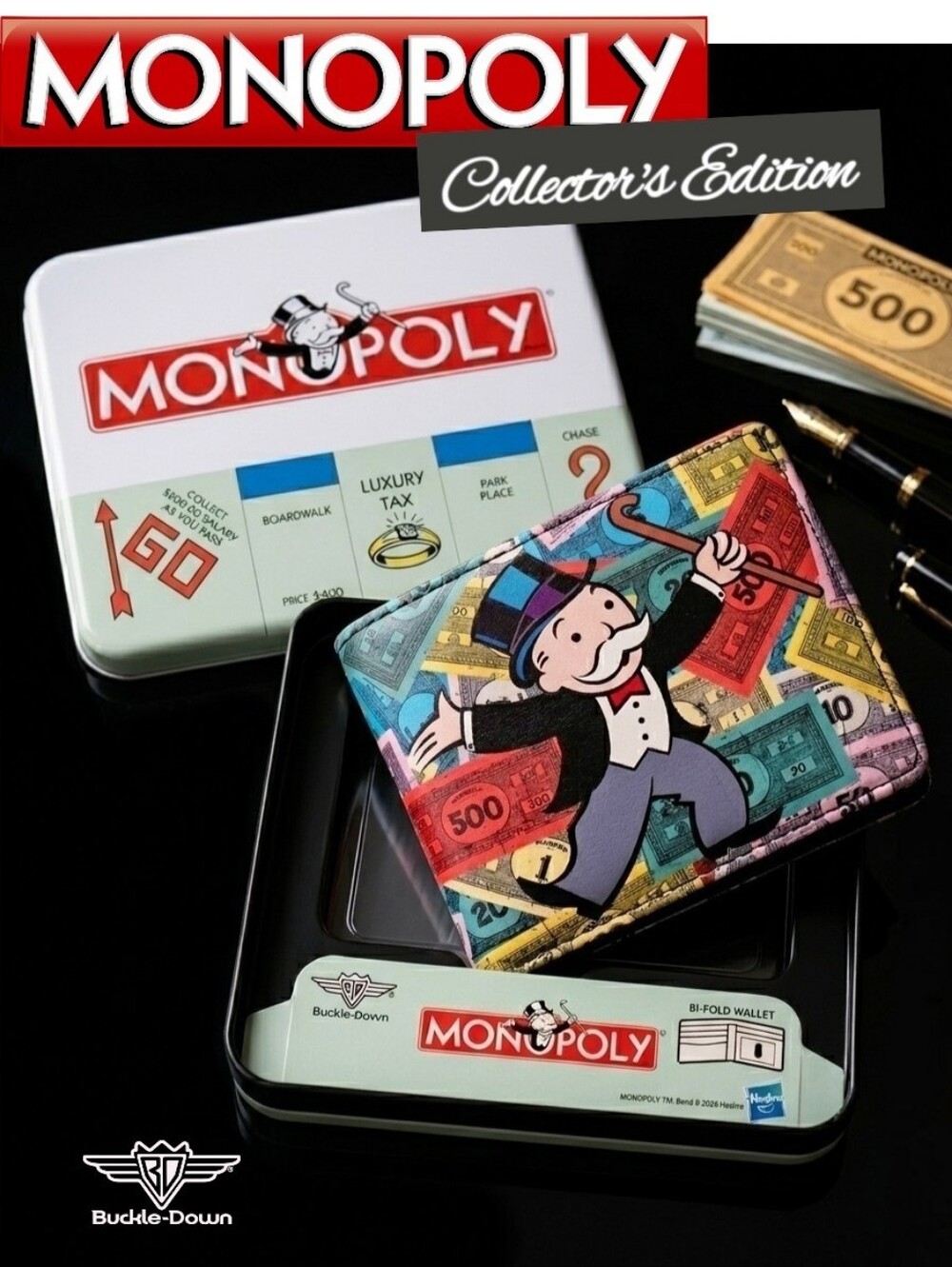 COLLECTIBLE Buckle-Down X MONOPOLY Bi-Fold Vegan Leather WALLET & TIN Set